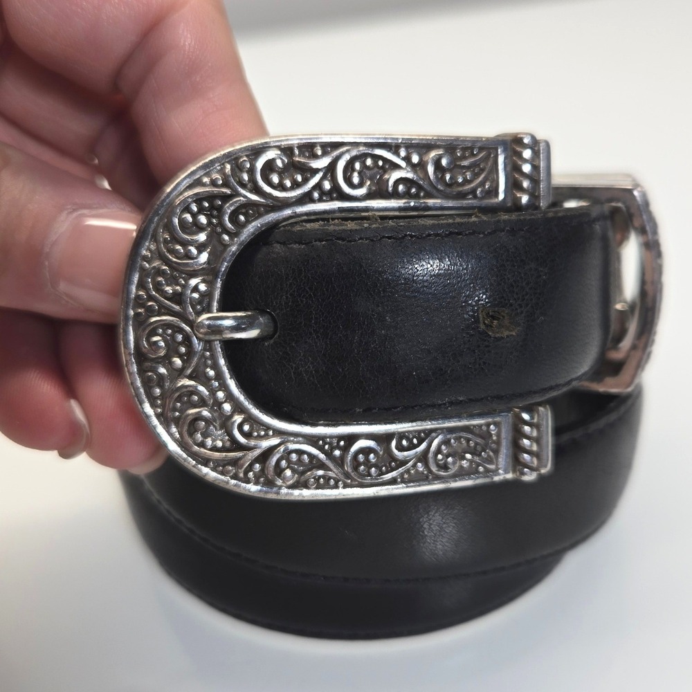 Vintage Y2K Brighton Leather Belt Medium 30 Black Silver Western Boho Filigree - Picture 2 of 10